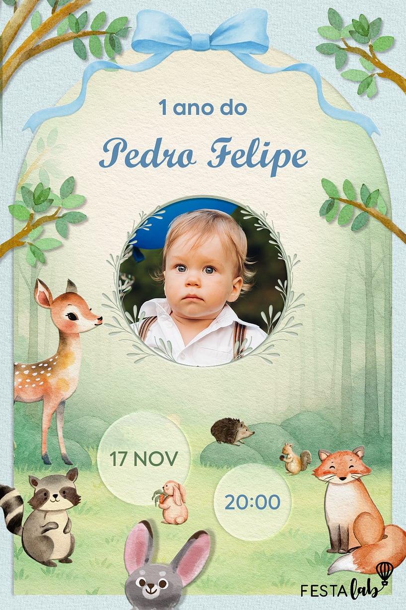 Convite de Aniversario - Festa No Bosque Encantado Azul