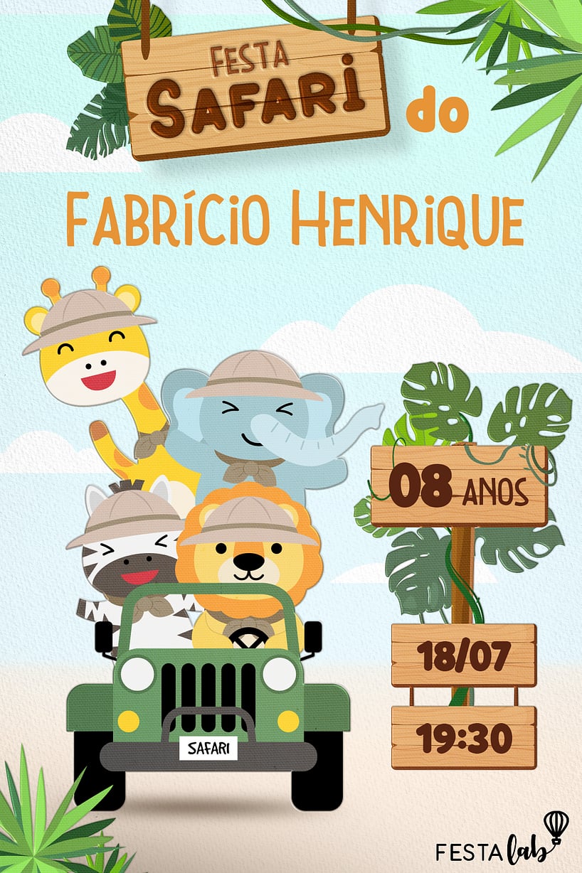 Convite Festa Safari grátis para editar