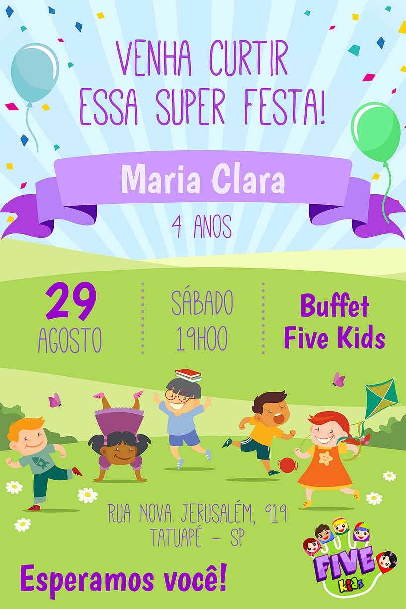 Criar convite de aniversário - Five Kids - Menina| FestaLab