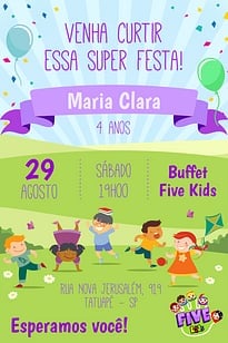 Modelo de Convite de Aniversario - Five Kids - Menina Convite Five Kids - Menina grátis para editar