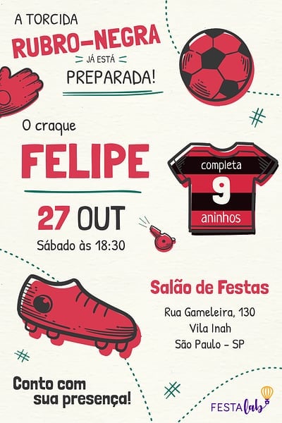 Modelo de Convite de Aniversario - Flamengo Convite Flamengo grátis para editar