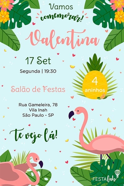 Modelo de Convite de Aniversario - Flamingo Convite Flamingo grátis para editar