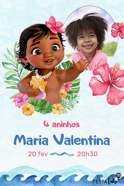 Modelo de Convite de Aniversario - Flores da Moana Baby Convite Flores da Moana Baby grátis para editar