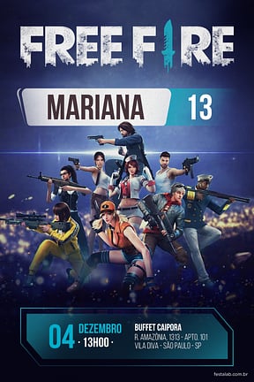 Modelo de Convite de Aniversario - Free Fire azul Convite de Aniversario - Free Fire azul