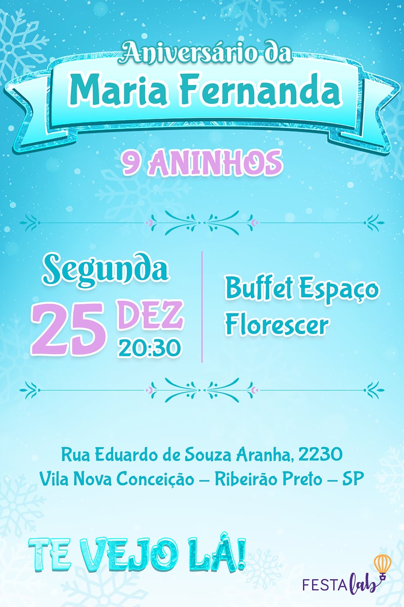 Convite Frozen online. Aniversário Infantil. Digital.