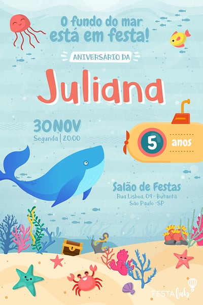 Modelo de Convite de Aniversario - Fundo do Mar Convite Fundo do Mar grátis para editar