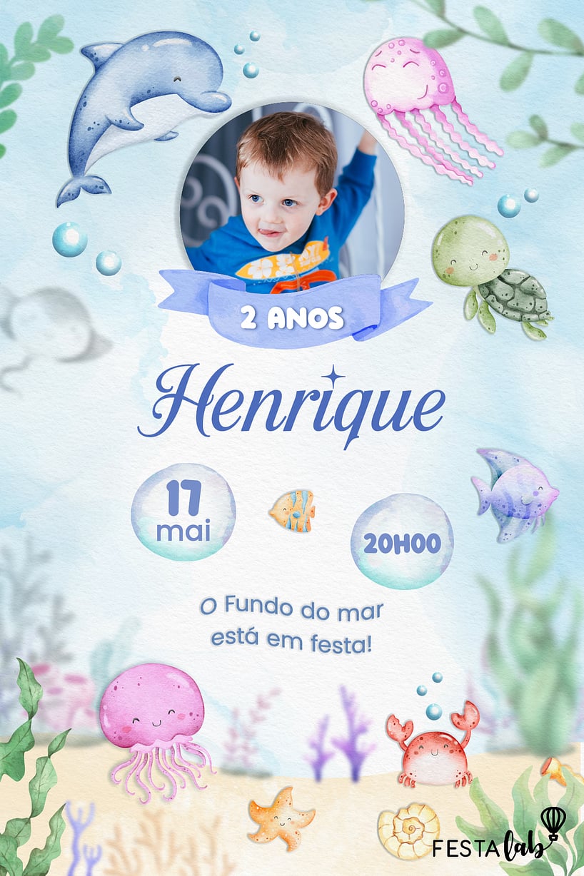 Convite Fundo do Mar Encantado Azul grátis para editar