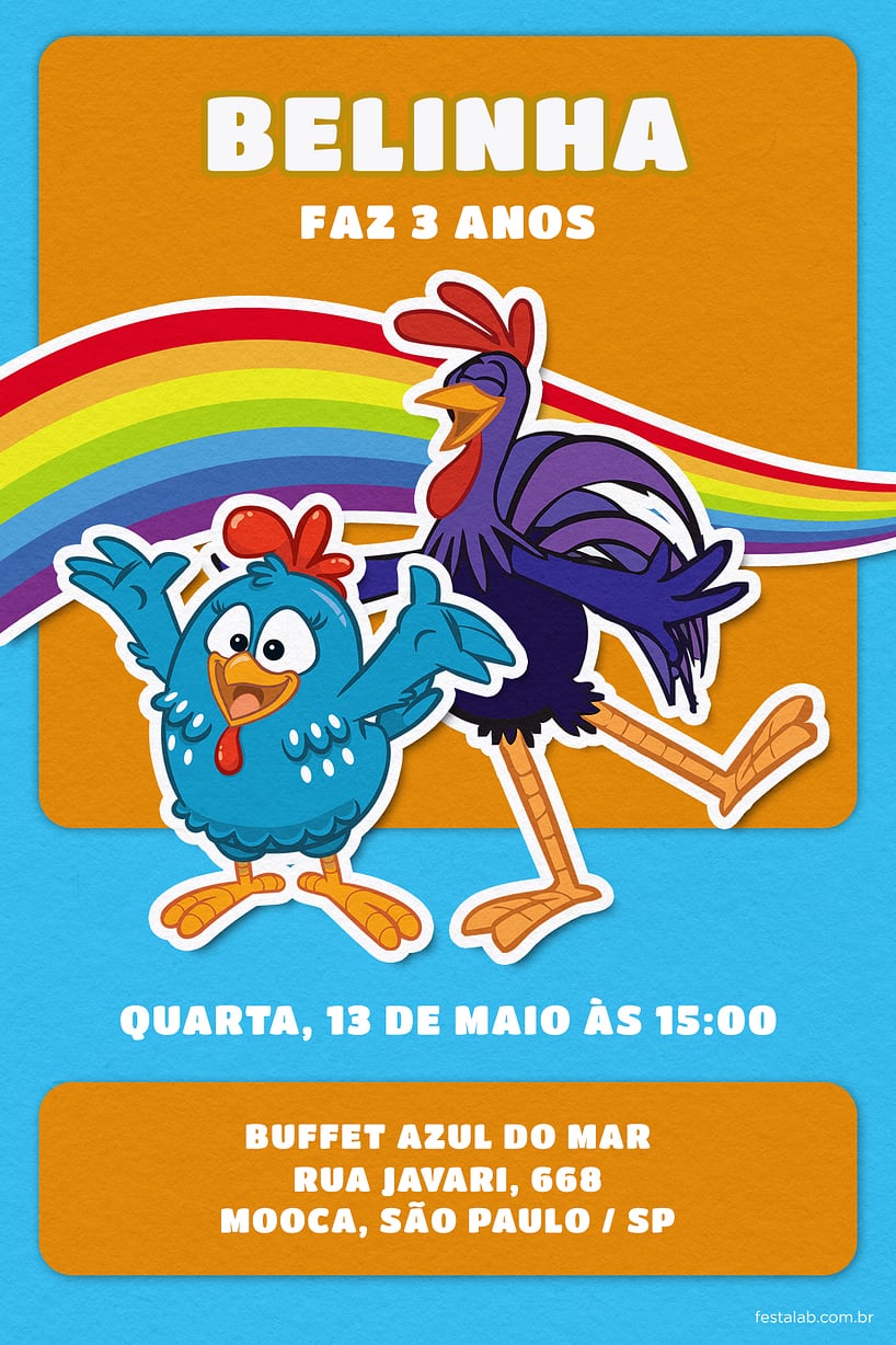 Criar convite de aniversário - Arco íris da Galinha: Laranja| FestaLab