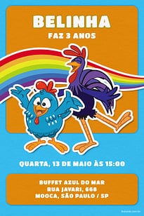 Modelo de Convite de Aniversario - Arco iris da Galinha: Laranja Convite Arco íris da Galinha: Laranja grátis para editar