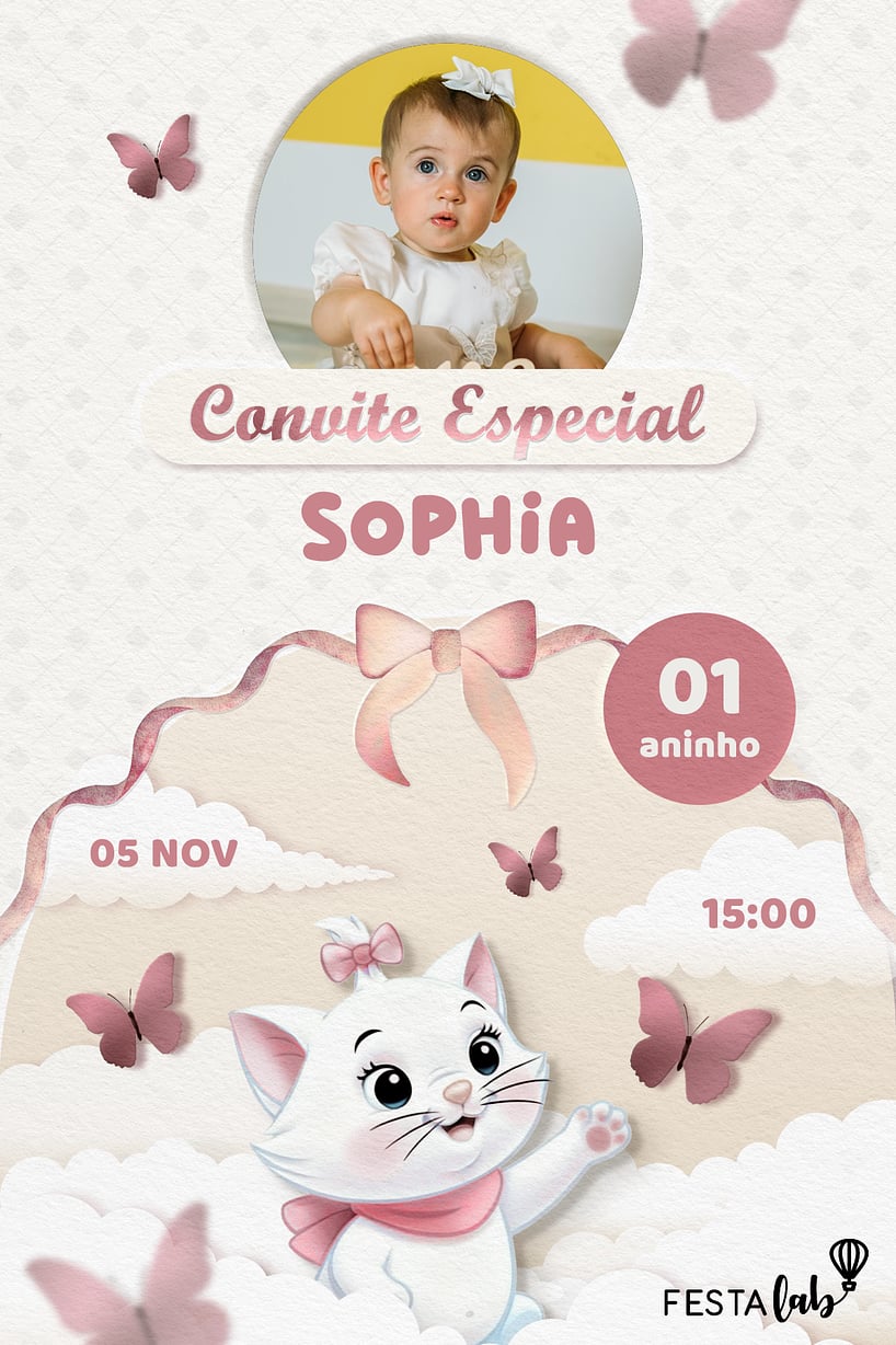 Criar convite de aniversário - Gata Marie Baby| FestaLab