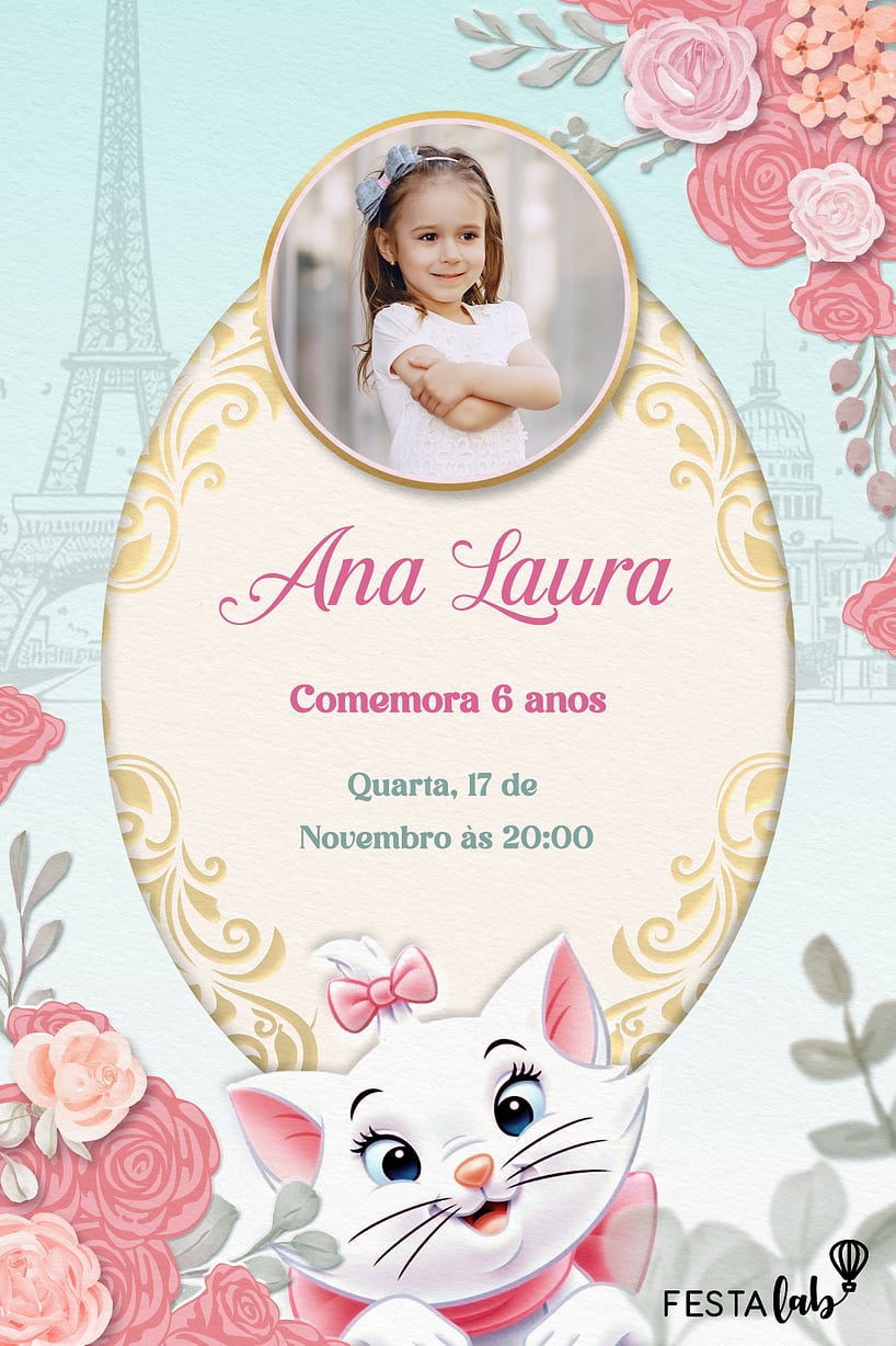 Criar convite de aniversário - Gata Marie Charmosa| FestaLab