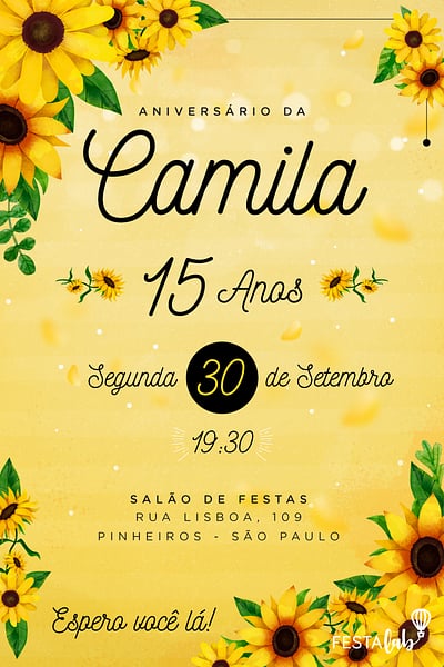 Modelo de Convite de Aniversario - Girassol Convite Girassol grátis para editar