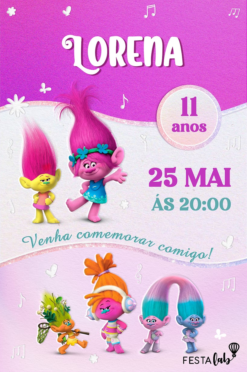 Convite de Aniversario - Girls Trolls Party