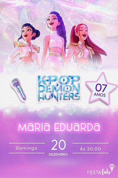 Modelo de Convite de Aniversario - Guerreiras Kpop Convite Guerreiras Kpop grátis para editar