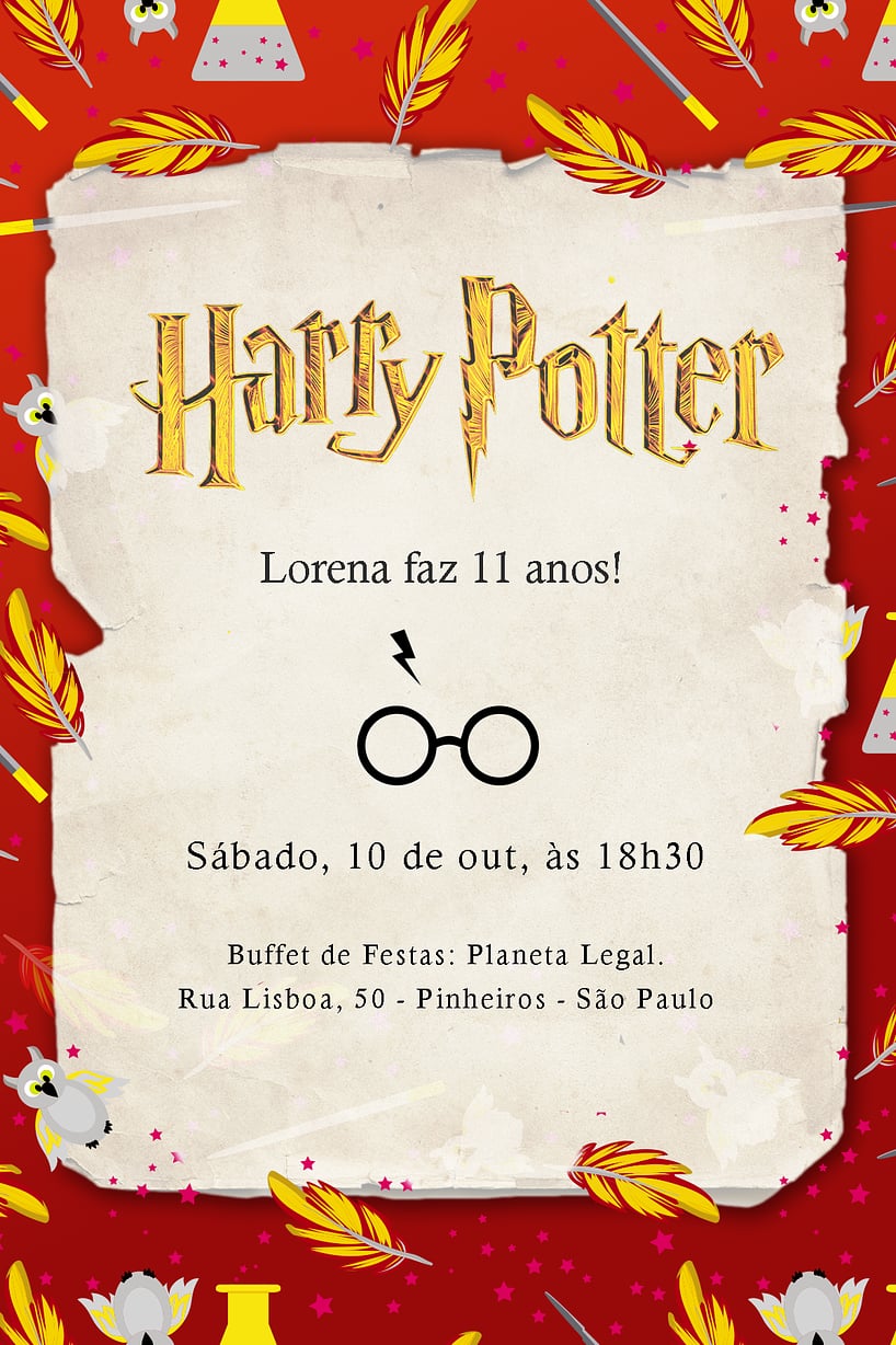 Convite de Aniversario - Harry Potter Grifinoria