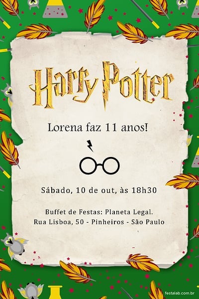 Modelo de Convite de Aniversario - Harry Potter Sonserina Convite Harry Potter Sonserina grátis para editar