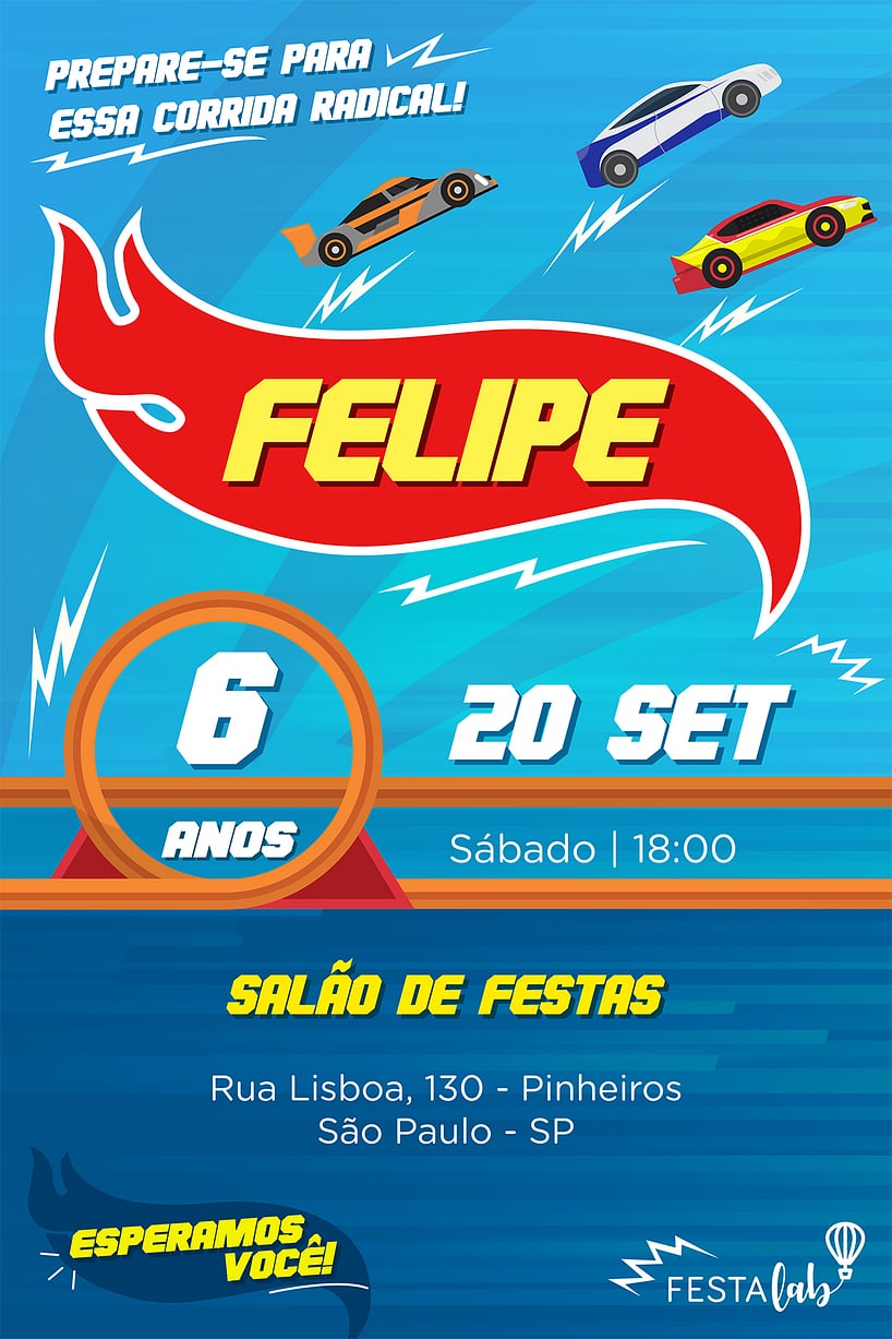 Convite Hot Wheels grátis para editar