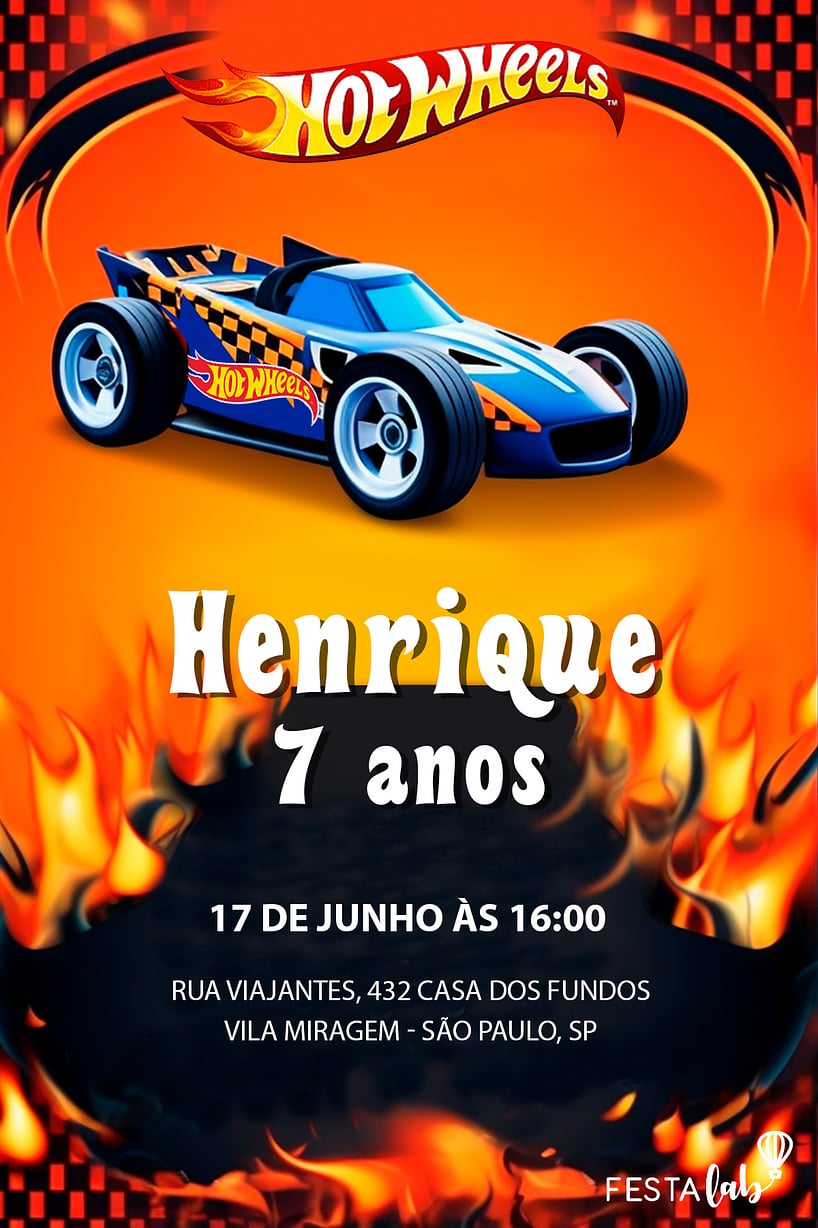Convite Hot Wheels Turbo grátis para editar