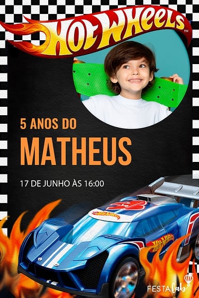 Modelo de Convite de Aniversario - Hotwheels Quadriculado Convite Hotwheels Quadriculado grátis para editar