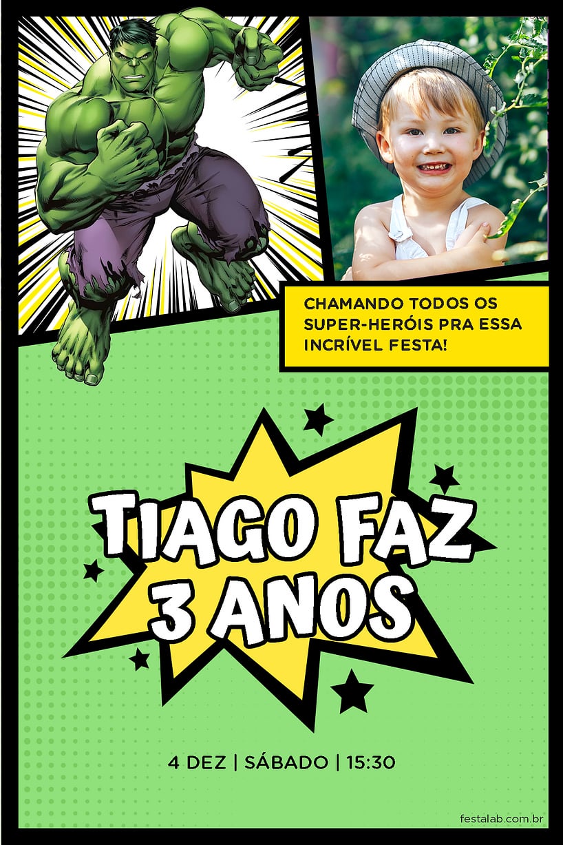 Convite Hulk Quadrinhos grátis para editar