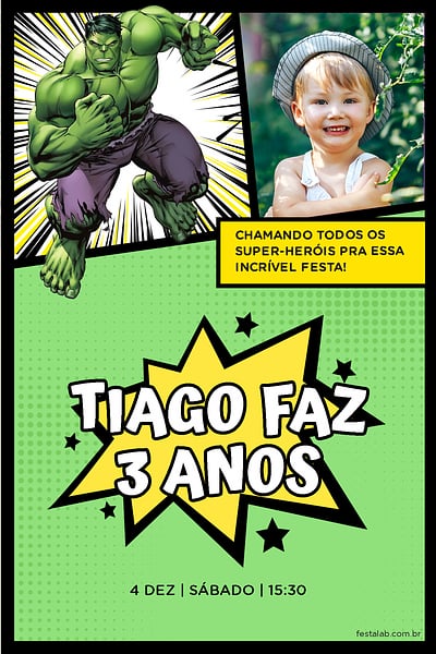 Modelo de Convite de Aniversario - Hulk Quadrinhos Convite Hulk Quadrinhos grátis para editar