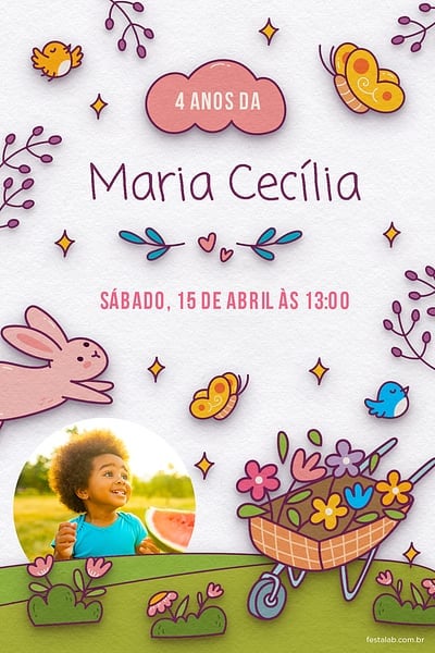 Modelo de Convite de Aniversario - No Reino das Flores: Branco Convite No Reino das Flores: Branco grátis para editar