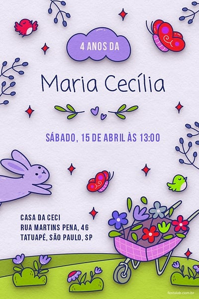 Modelo de Convite de Aniversario - No Reino das Flores: Lilas Convite No Reino das Flores: Lilás grátis para editar