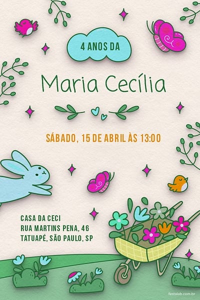 Modelo de Convite de Aniversario - No Reino das Flores Convite No Reino das Flores grátis para editar