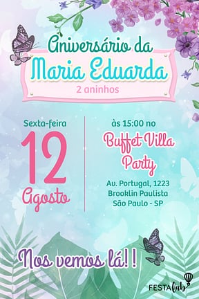 Modelo de Convite de Aniversario - Encanto das Borboletas Azul Convite de Aniversario - Encanto das Borboletas Azul
