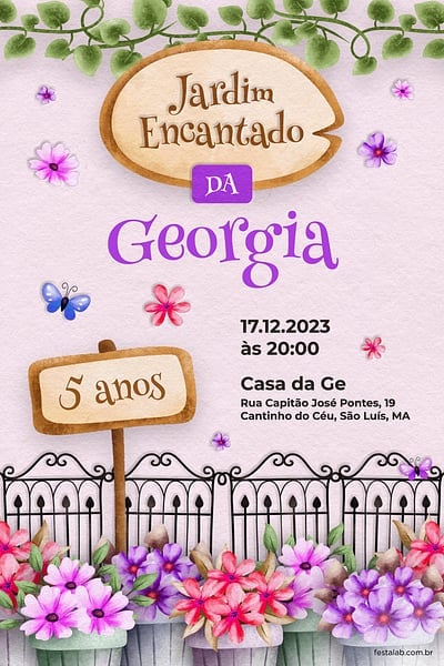 Modelo de Convite de Aniversario - Jardim dos Sonhos: Lilas Convite Jardim dos Sonhos: Lilás grátis para editar