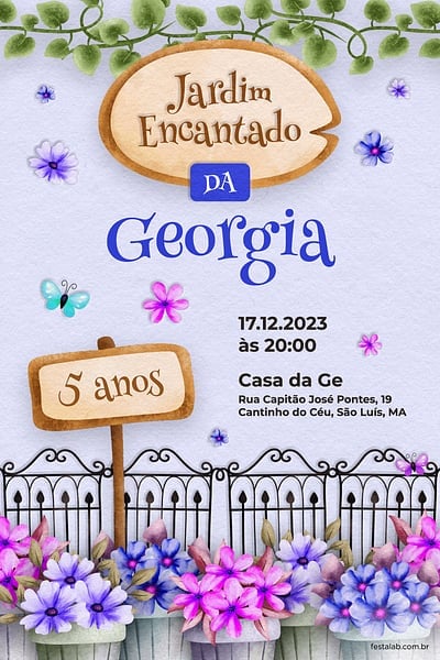 Modelo de Convite de Aniversario - Jardim dos Sonhos Convite Jardim dos Sonhos grátis para editar