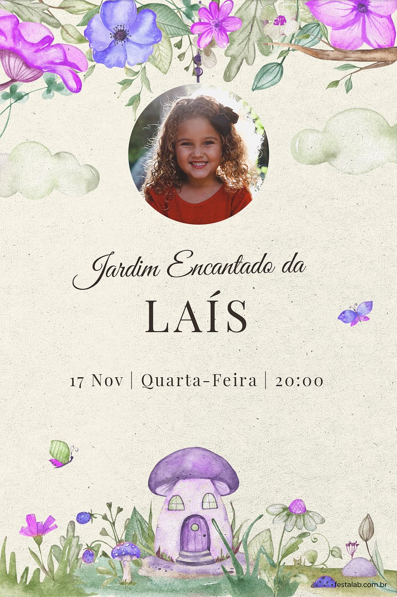 Convite Jardim encantado roxo grátis para editar