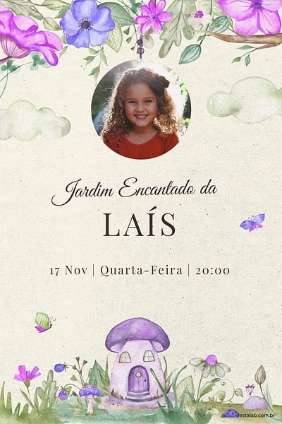 Modelo de Convite de Aniversario - Jardim encantado roxo Convite Jardim encantado roxo grátis para editar