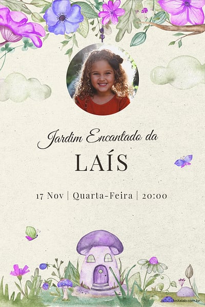 Criar convite de aniversário - Jardim encantado roxo| FestaLab