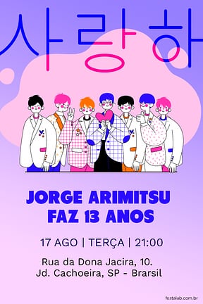 Modelo de Convite de Aniversario - K-POP BTS Convite de Aniversario - K-POP BTS