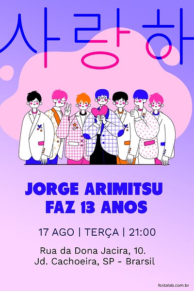 Modelo de Convite de Aniversario - K-POP BTS Convite K-POP BTS grátis para editar
