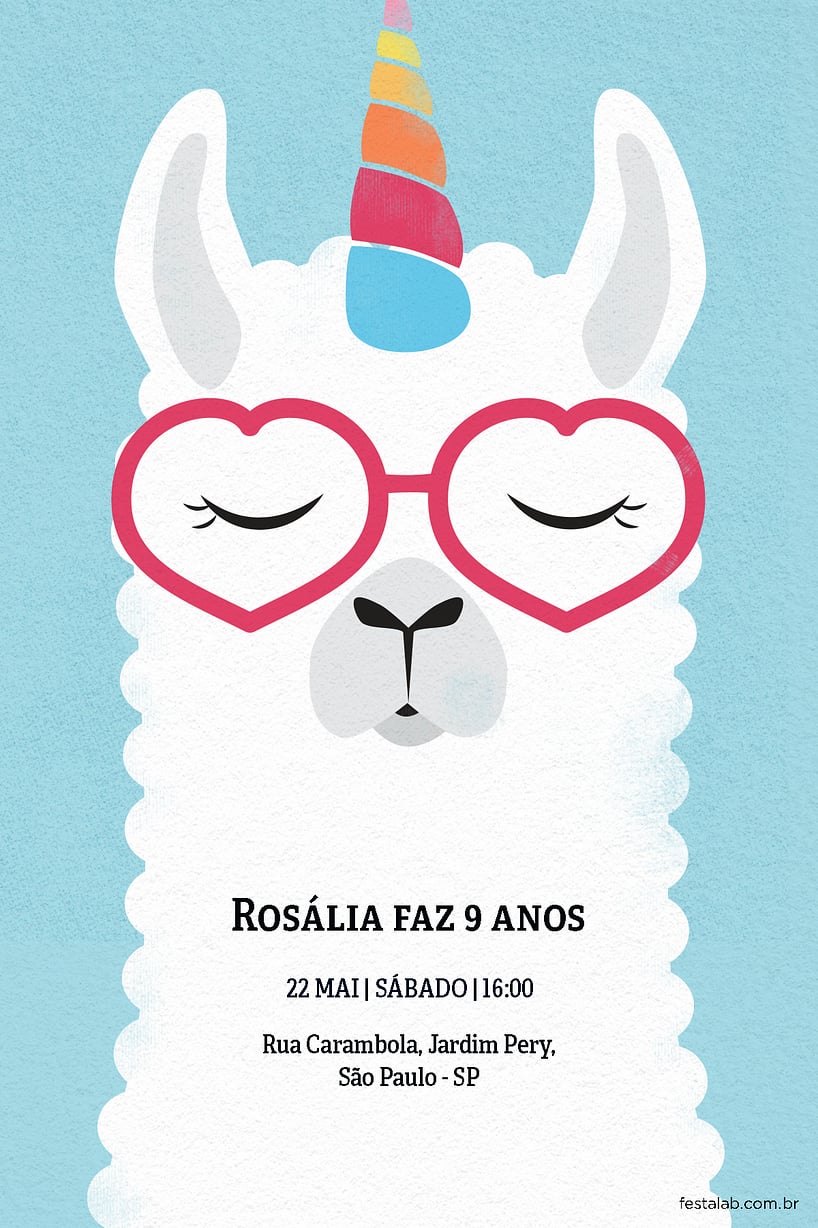 Convite Lhama unicórnio grátis para editar