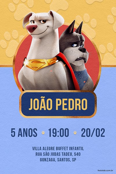 Modelo de Convite de Aniversario - Super pets amarelo Convite Super pets amarelo grátis para editar