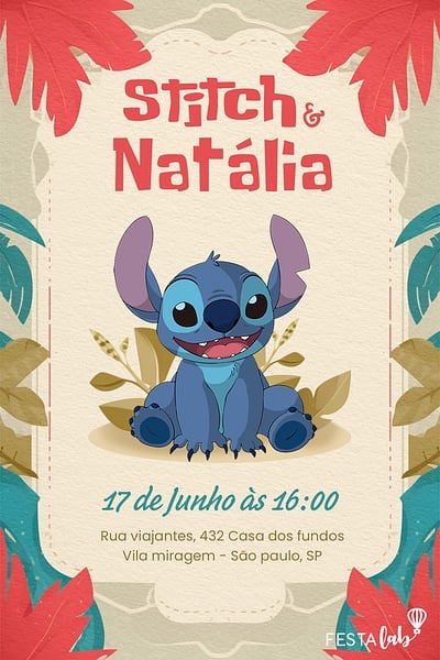 Modelo de Convite de Aniversario - Lilo e Stitch Convite Lilo e Stitch grátis para editar
