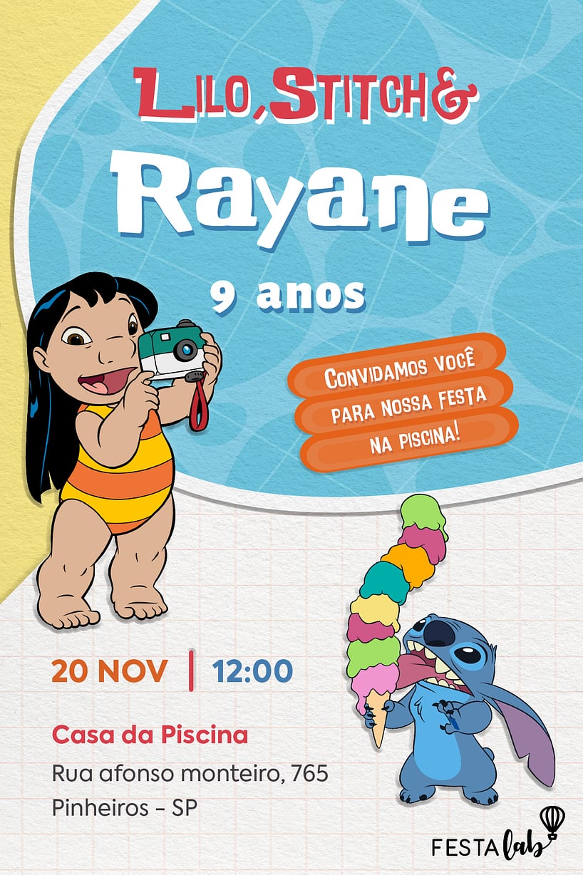 Convite Lilo, Stitch & Eu grátis para editar