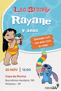 Modelo de Convite de Aniversario - Lilo, Stitch & Eu Convite Lilo, Stitch & Eu grátis para editar