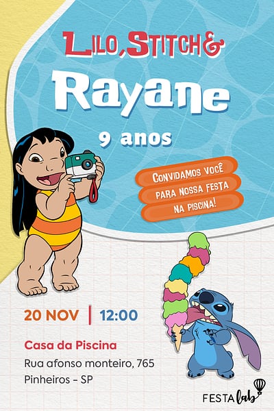 Modelo de Convite de Aniversario - Lilo, Stitch & Eu Convite Lilo, Stitch & Eu grátis para editar
