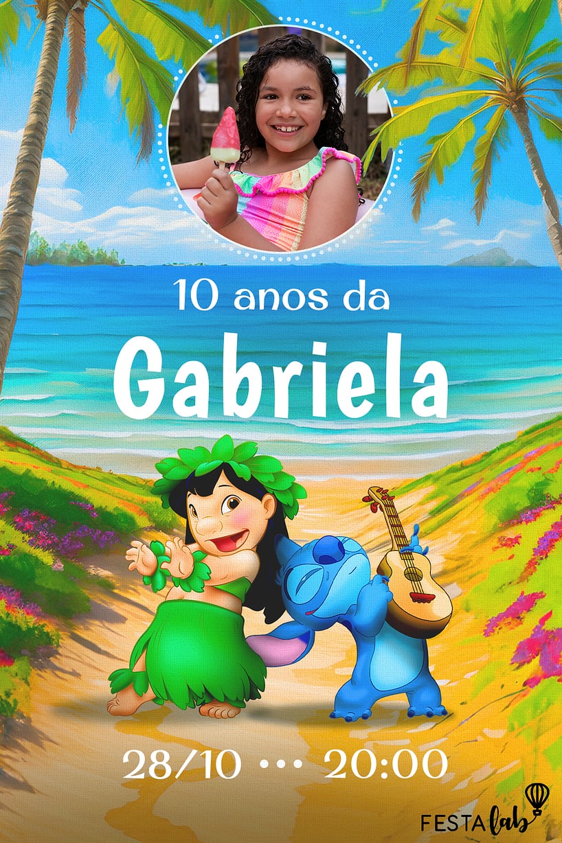 Convite Lilo Stitch na praia grátis para editar