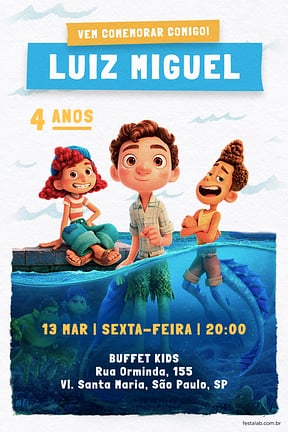 Modelo de Convite de Aniversario - Aventuras de Luca: Branco Convite de Aniversario - Aventuras de Luca: Branco