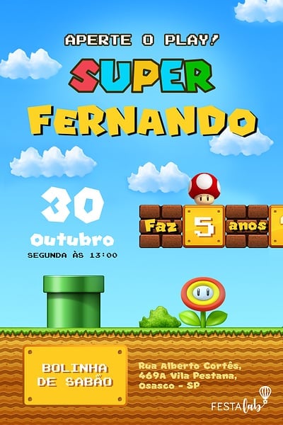 Modelo de Convite de Aniversario - Mario Bros Convite Mario Bros grátis para editar
