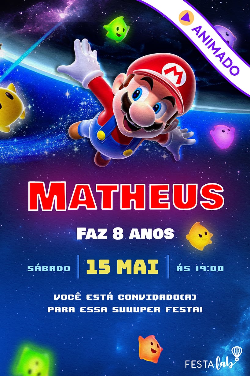 Convite Mario Bros Galaxy grátis para editar