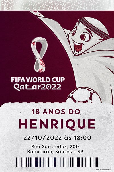 Modelo de Convite de Aniversario - Mascote da Copa 2022 Convite Mascote da Copa 2022 grátis para editar