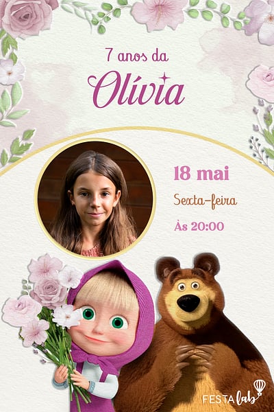Criar convite de aniversário - Masha e o Urso Flores| FestaLab