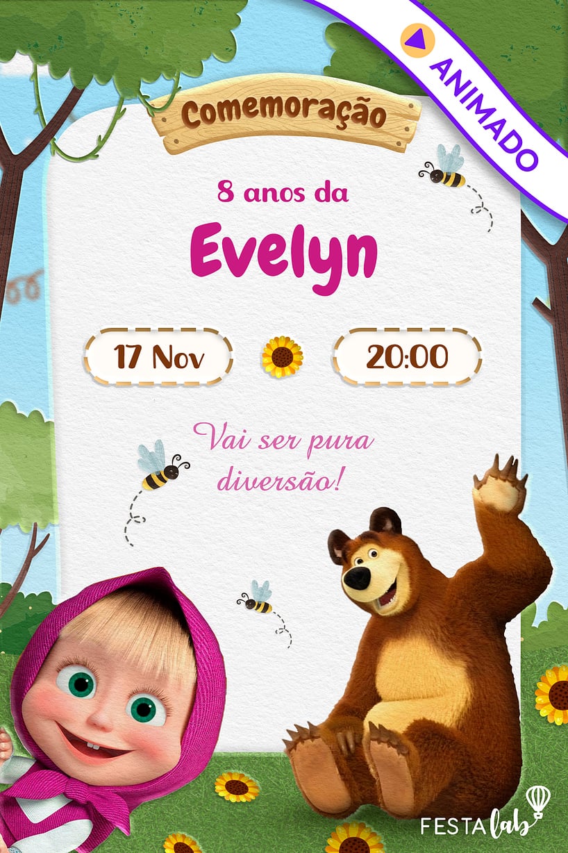 Convite de Aniversario - Masha e o Urso na Floresta