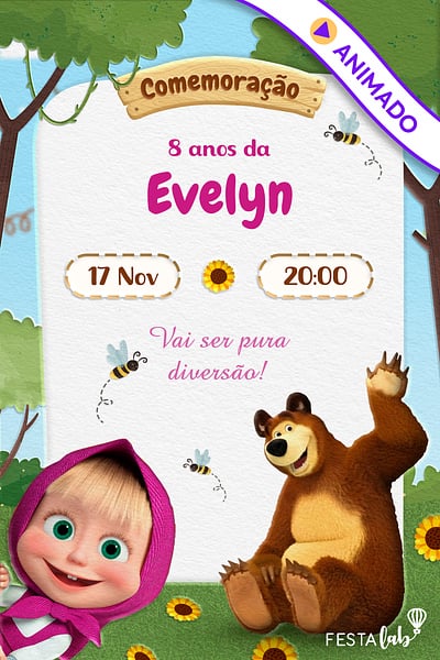 Modelo de Convite de Aniversario - Masha e o Urso na Floresta Convite Masha e o Urso na Floresta grátis para editar